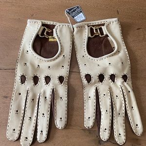 Vintage Retro Cream/Brown Leather Driving Gloves